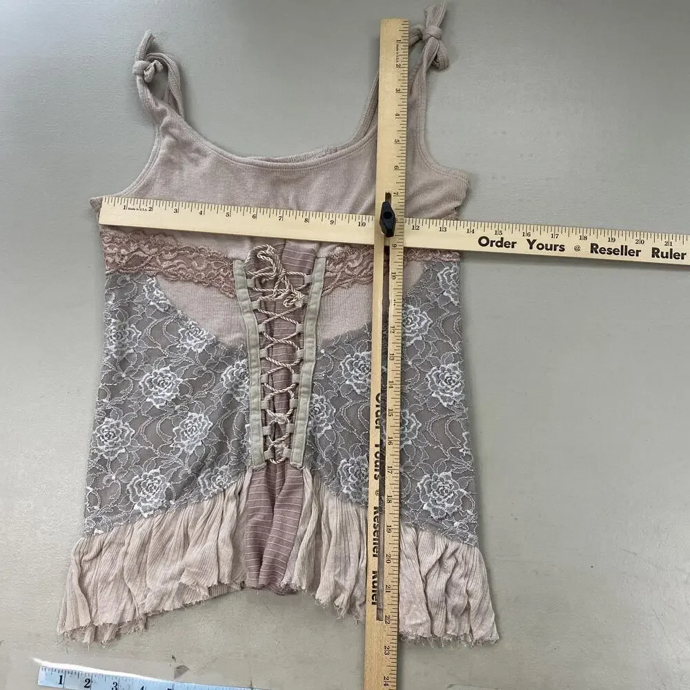 Free People Lace Corset Tank Top Medium Beige Blush Ruffle Fairy Grunge Ren Fair